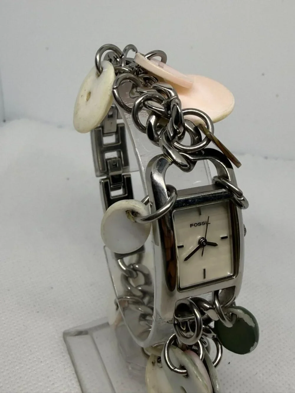 Fossil F2 Women's Charm Bracelet Watch Stainless Steel Mother of Pearl Dial FS-1